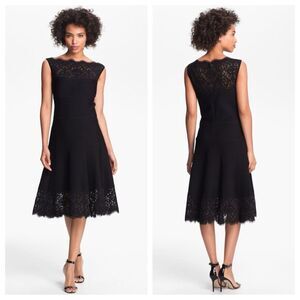 Tadashi Shoji Black Lace Trim Pintuck Jersey Fit and Flare Dress size MP